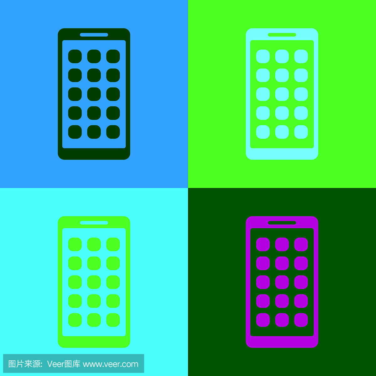 彩色移动应用程序图标隔离在彩色背景。智能手机的屏幕图标,应用程序。手机显示屏幕。平面设计。矢量图